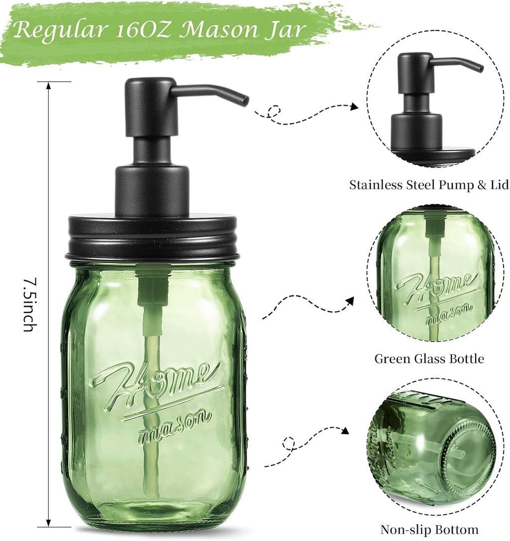 Amolliar Green Glass Mason Jar Liquid Soap Dispenser, 16OZ, Black 2 Pack