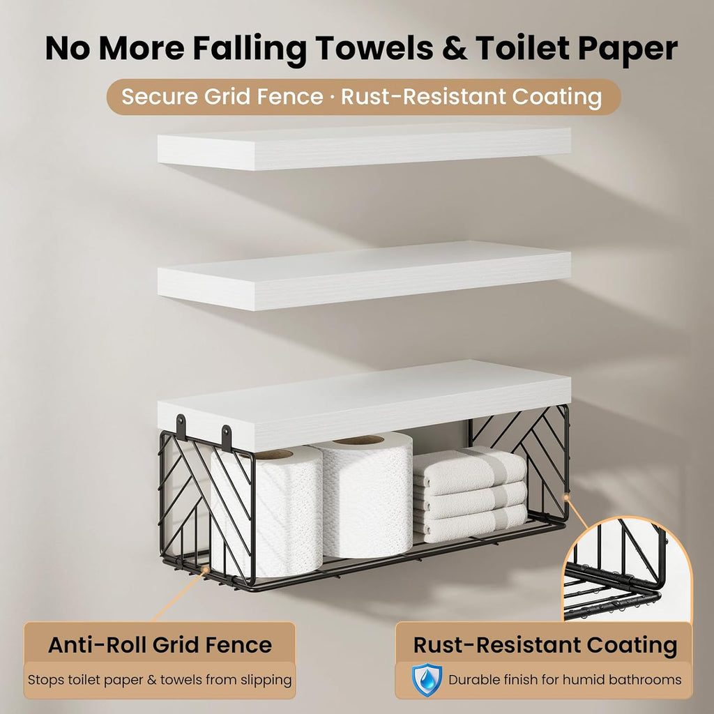 BAYKA White Floating Bathroom Shelves, 15.7in, 3Pk, Wall Mount Wood Shelf