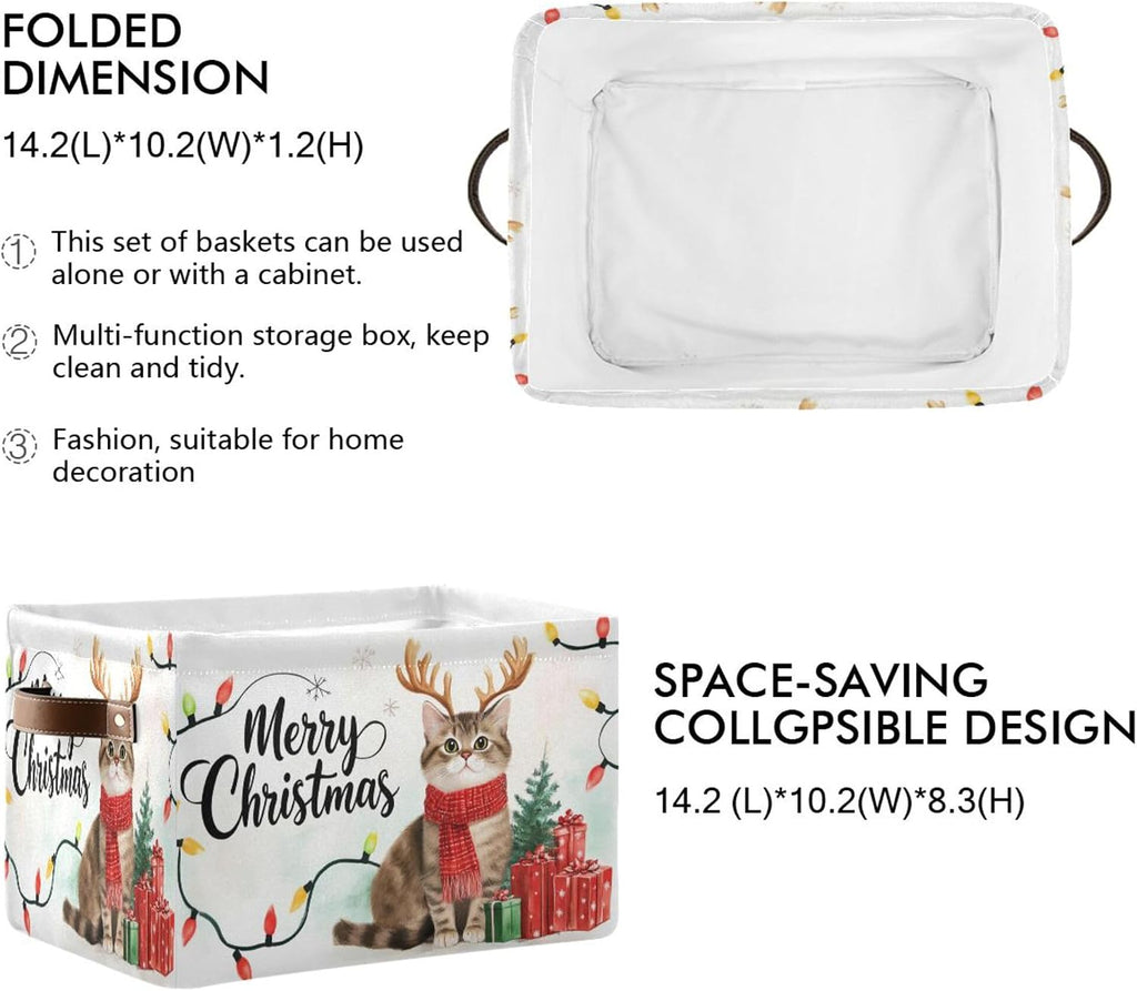 Wamika Christmas Cats Kitty Storage Basket with Waterproof Liner and PU Handles Xmas Tree Reindeer Storage Bins Boxes 14.2" Collapsible Decorative Organizer Baskets for Bedroom Closet Office 1 Pack