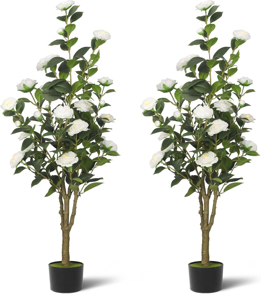 2-Pack 4FT Artificial Camellia Tree,Realistic Fake Potted Plants with Flowers&Planters,Indoor/Outdoor Faux Flowering Trees for Home,Office,Porch,Wedding,and Housewarming Gift Decor,White
