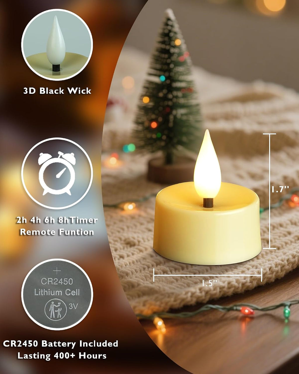 Amagic 12Pcs Flameless Timer Remote 3D Black Wick Tealights Candles, Ivory