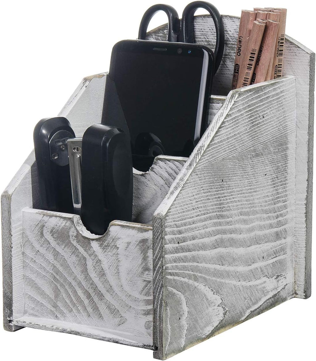3 Slot Rustic Wooden Remote Control Frame Media Organizer, Office Supply Storage Rack,Pen storage box (Grey)