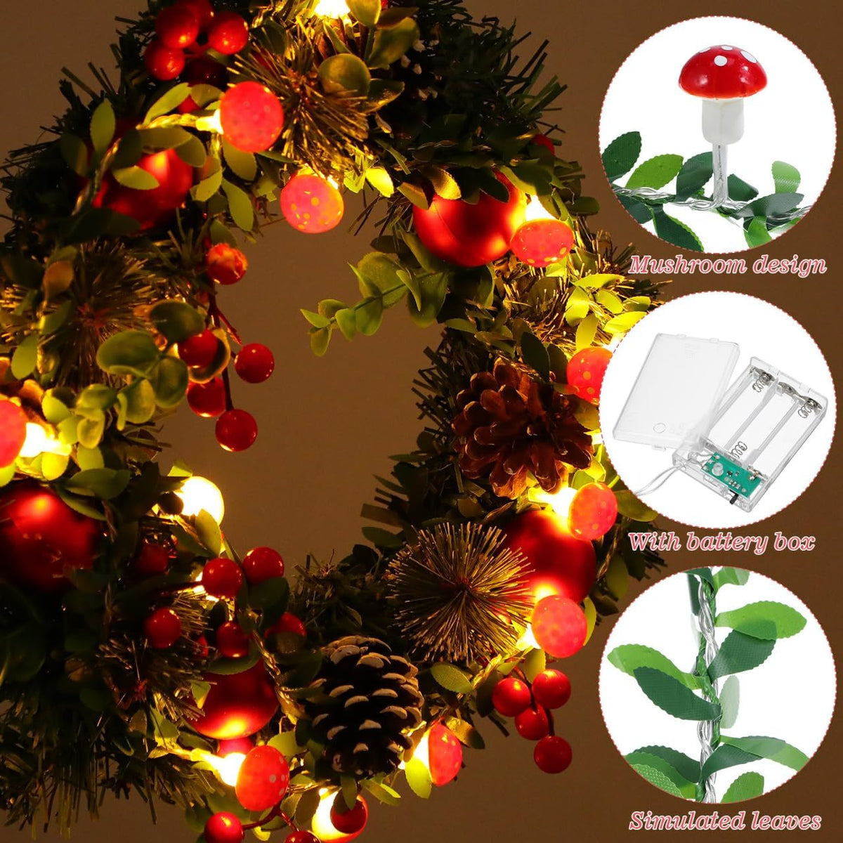 Ciieeo Mushroom String Lights Indoor 118.11 in 20 Led Fairy String Light Mushroom Garland for Bedroom Patio Garden Yard Home Party Seasonal Decor