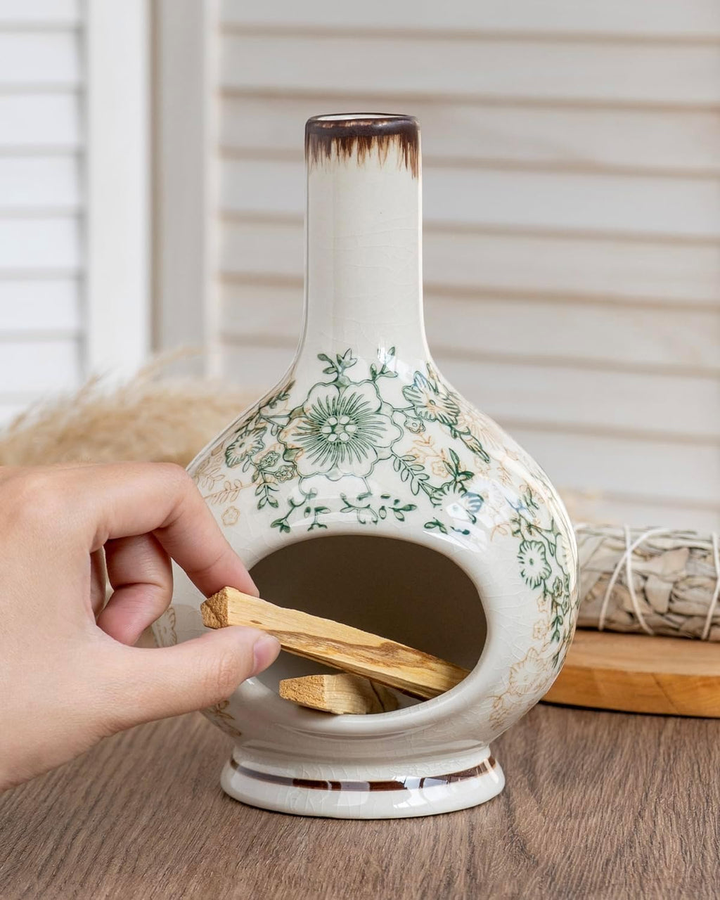 Handmade Ceramic Incense Burner - Palo Santo & Sage Holder, Floral Decor