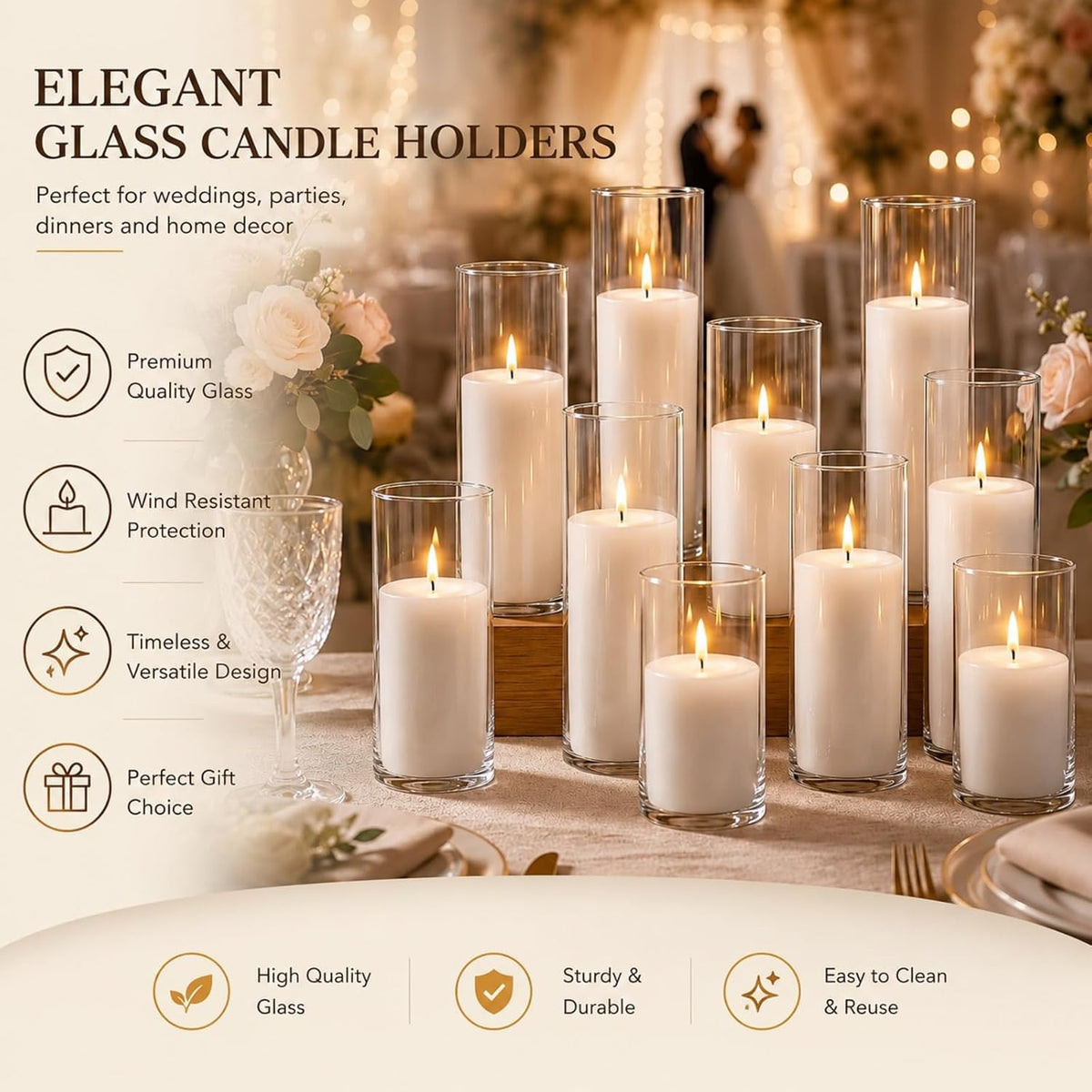 24 Pcs White Pillar Candles and Glass Cylinder Vases Clear Glass Pillar Candle Holders Hurricane Glass Candle Holders for Table Centerpieces Wedding, Party, Event, Home Office