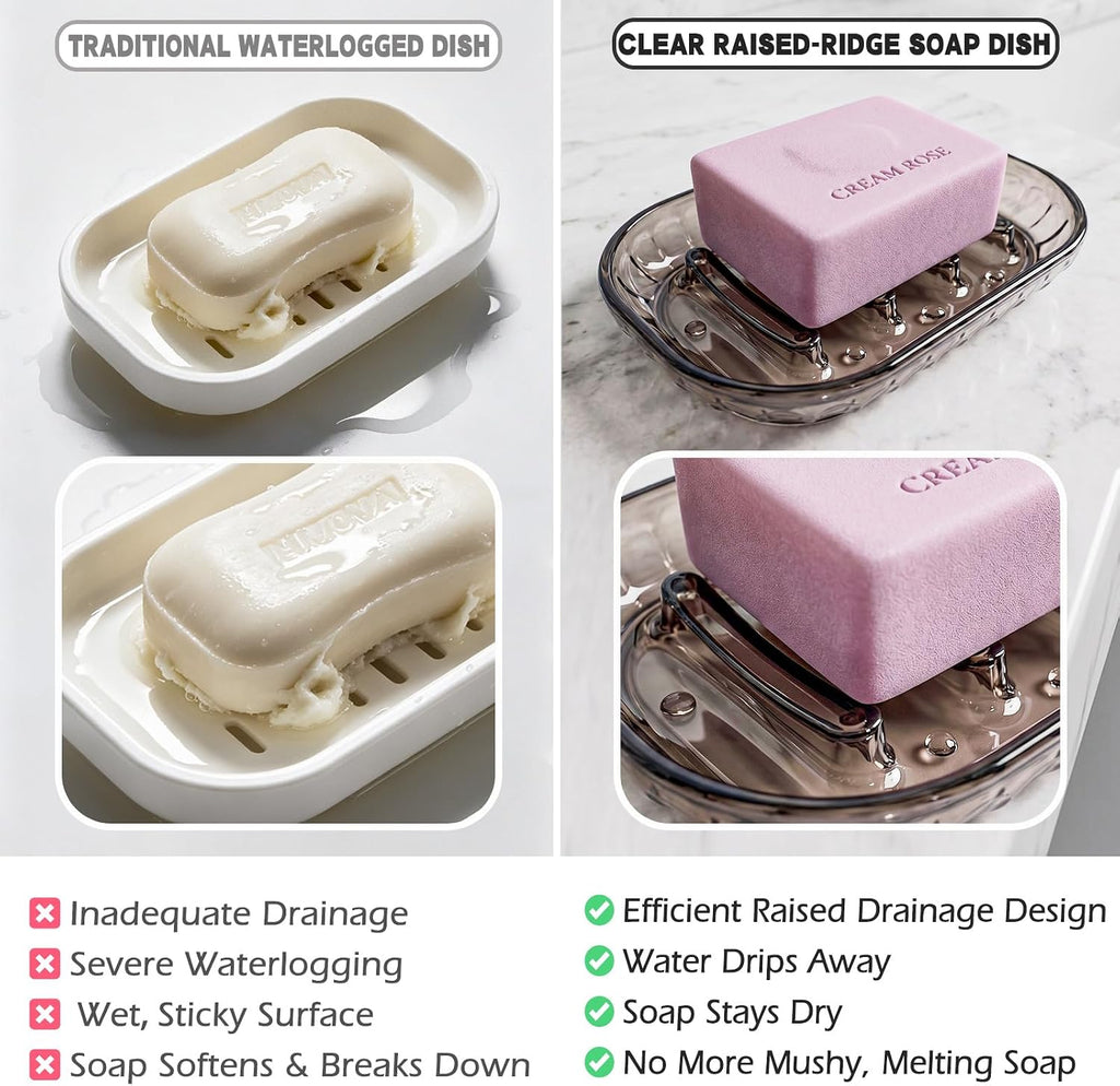 Smoky Gray Clear Soap Dish 3 Pack, Self Draining Bar Soap Holder with Raised Ridges, Modern Transparent Soap Tray for Bathroom Shower, Kitchen Sink, Bathtub, Quick Dry Soap Saver for Shower
