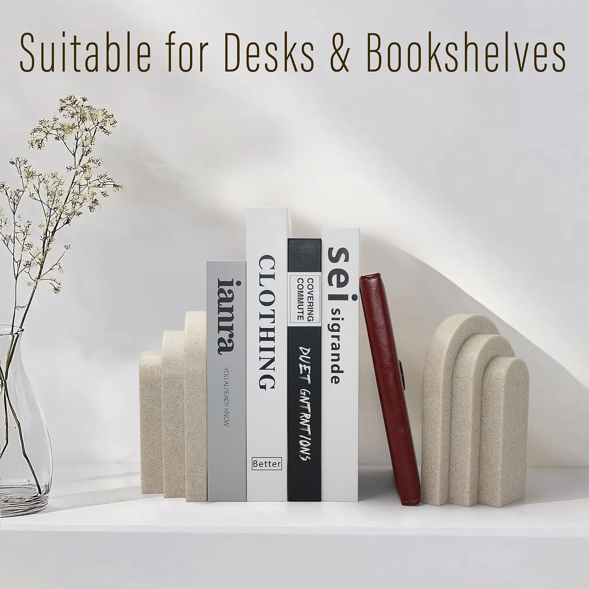 LIN CHUAN Heavy Duty Bookends for Shelves, Set of 2, Sandstone Beige