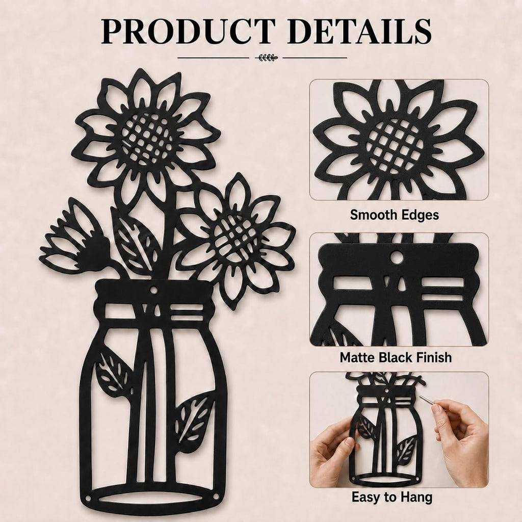 qzmaikoo 3 Pieces Sunflower Roses Daisy Black Metal Flowers Wall Decor Metal Vase Wall Art Metal Wall Sculptures Hanging for Indoor Kitchen Bathroom Bedroom living room,14.56x7.87 inches