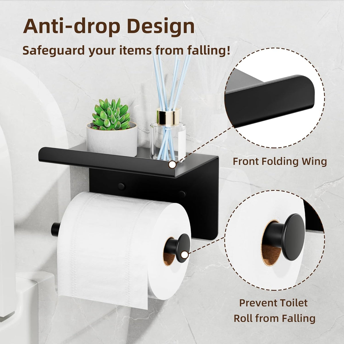 Adhesive Toilet Paper Holder with Shelf, Stainless Steel, Black