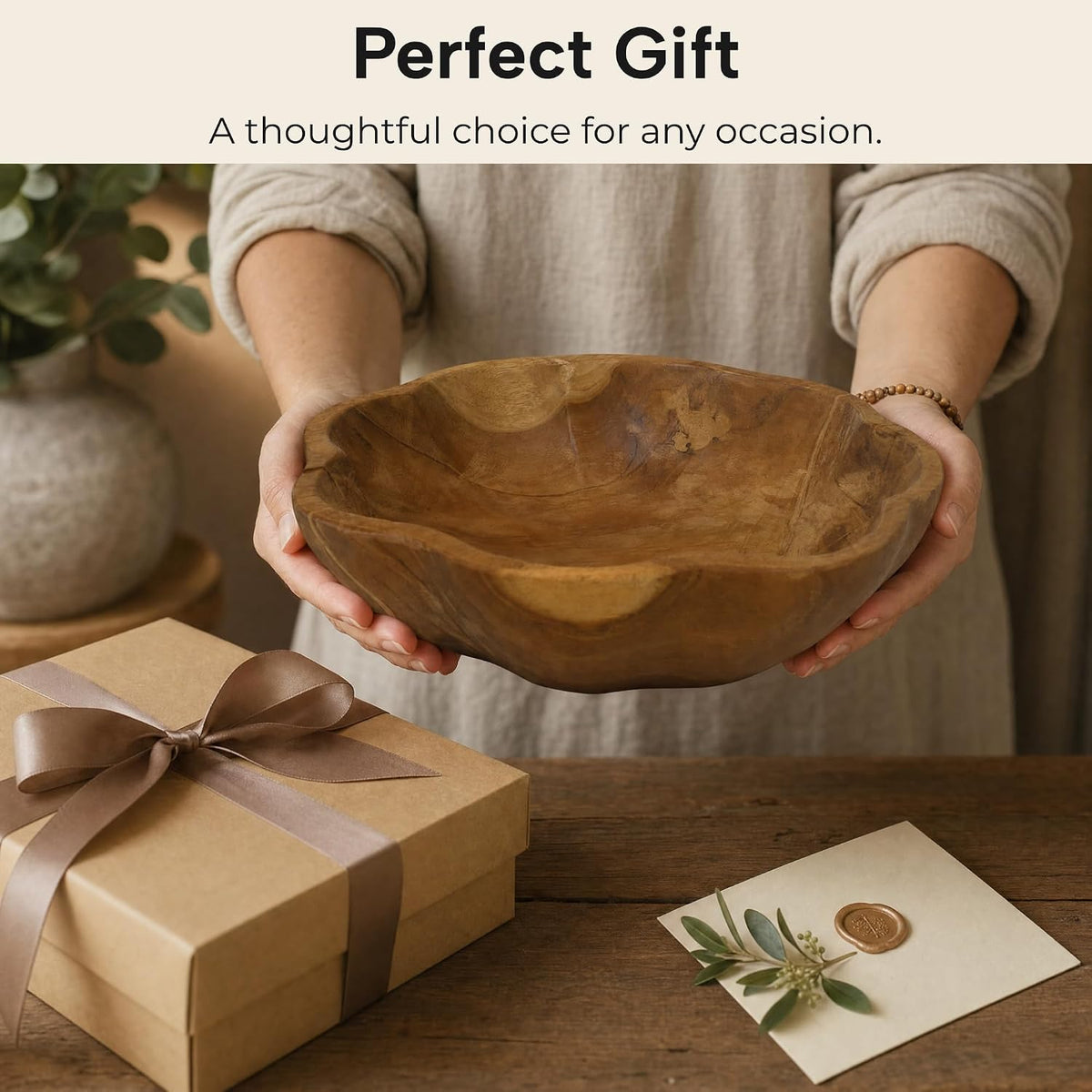 Decorative Wooden Bowl, Large Fruit Bowl for Kitchen Counter, Teak Wood