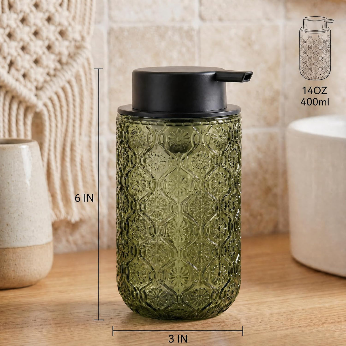 Green Glass Foaming Soap Dispenser, 14 OZ Vintage Foam Hand Soap Dispenser