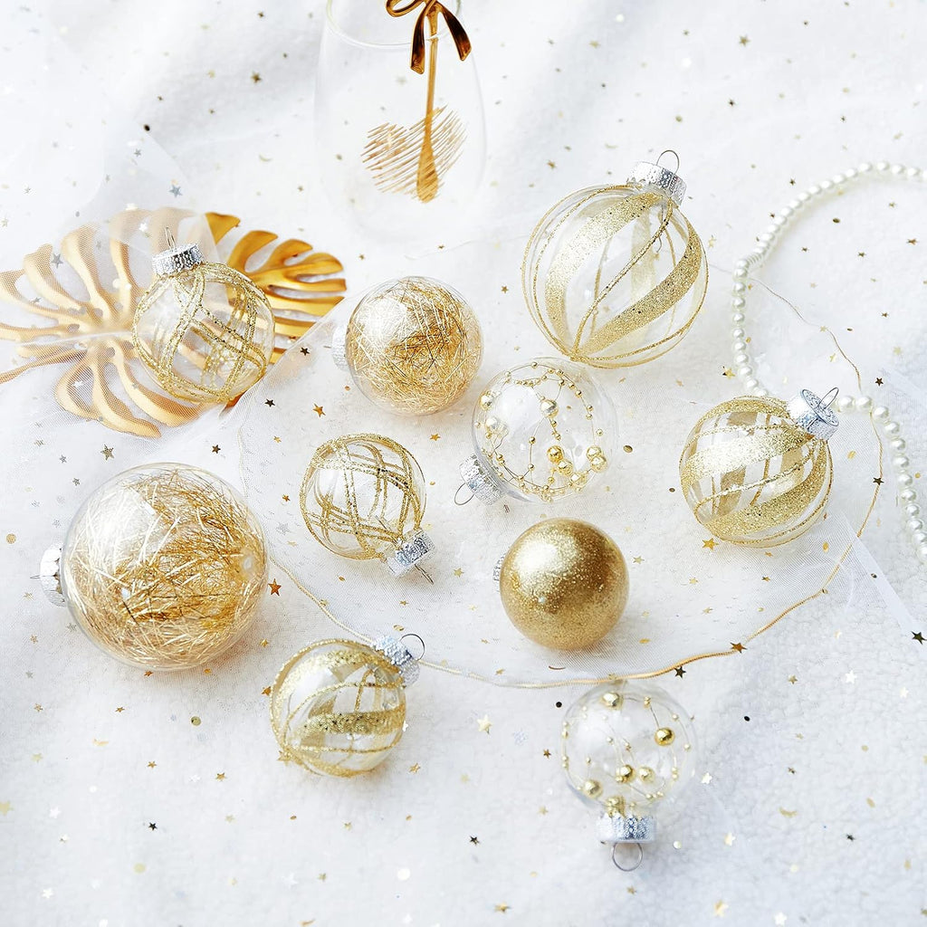 Clear Christmas Ball Ornaments,24ct Shatterproof Plastic Decorative Christmas Ornaments Hanging Xmas Tree Baubles Set with Stuffed Delicate Glittering Decorations for Holiday Party Home Decor (Gold)