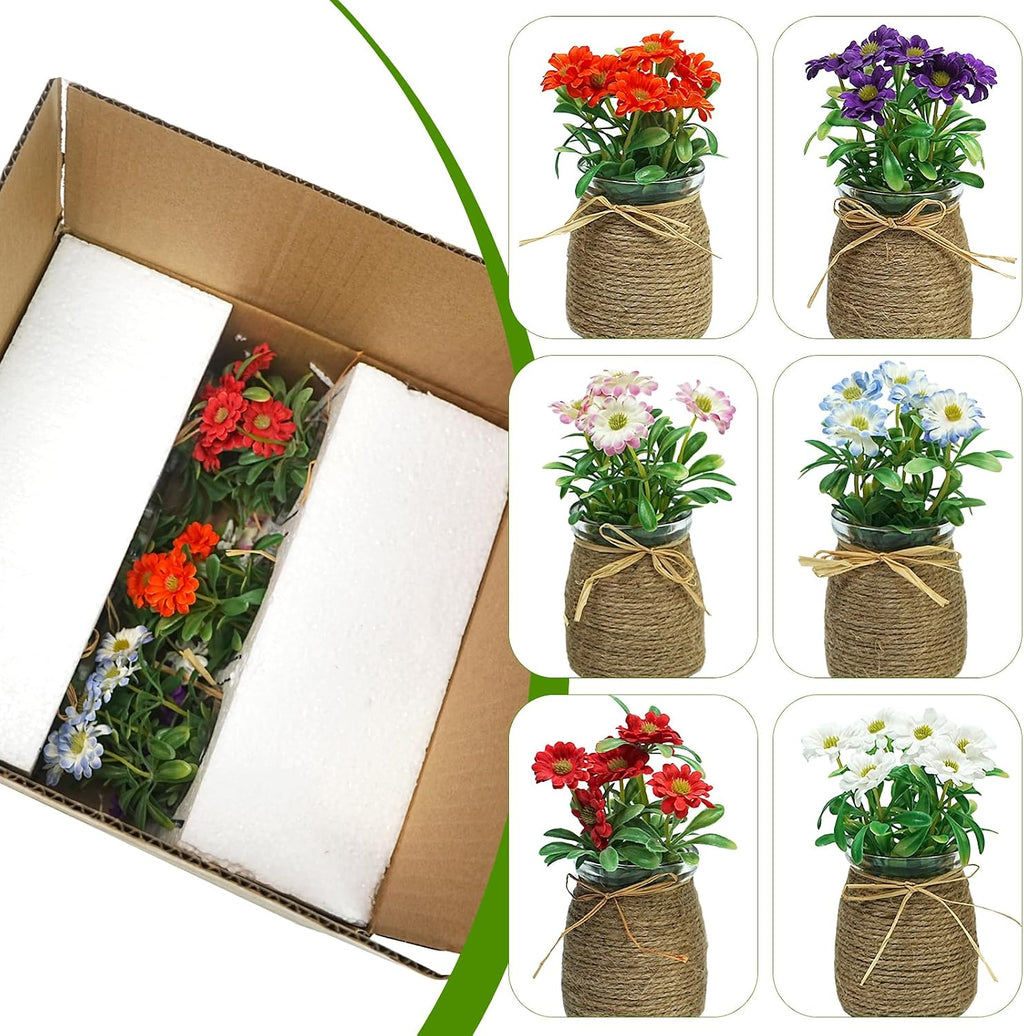 6pcs Artificial Daisy Fall Flowers in Small Glass Container