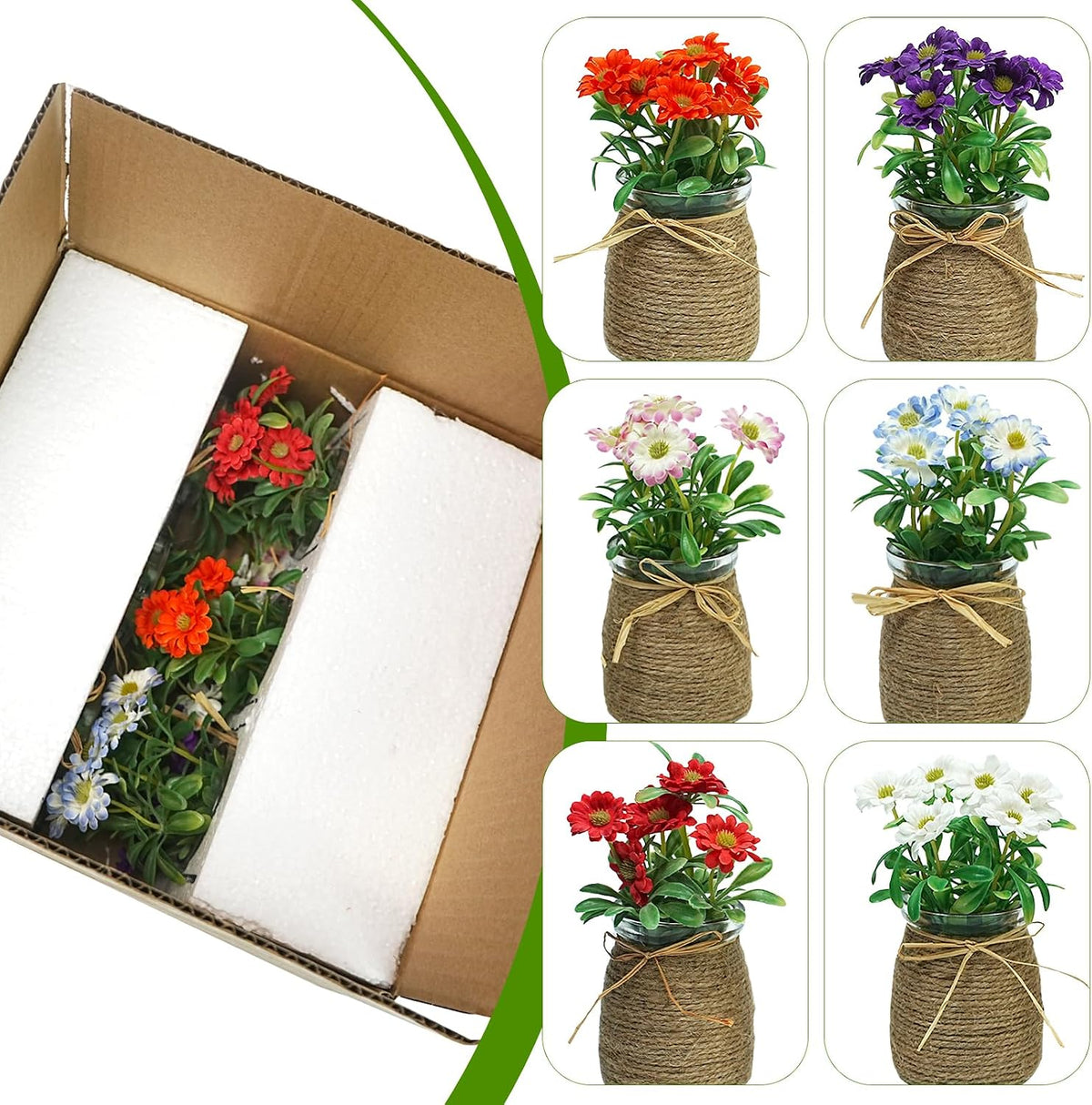 6pcs Artificial Daisy Fall Flowers in Small Glass Container