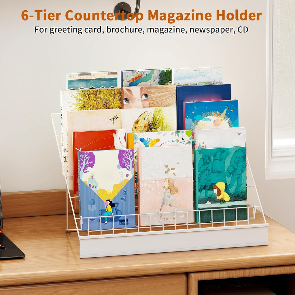6-Tier 30" Wide Metal Magazine Holders with Sign Channel, White