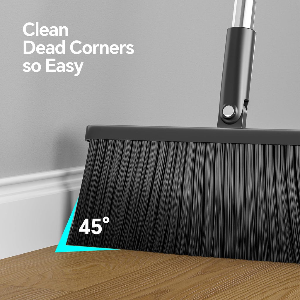 Broom and Dustpan Set, 52" Long Handle with Dust Pan Teeth, Black