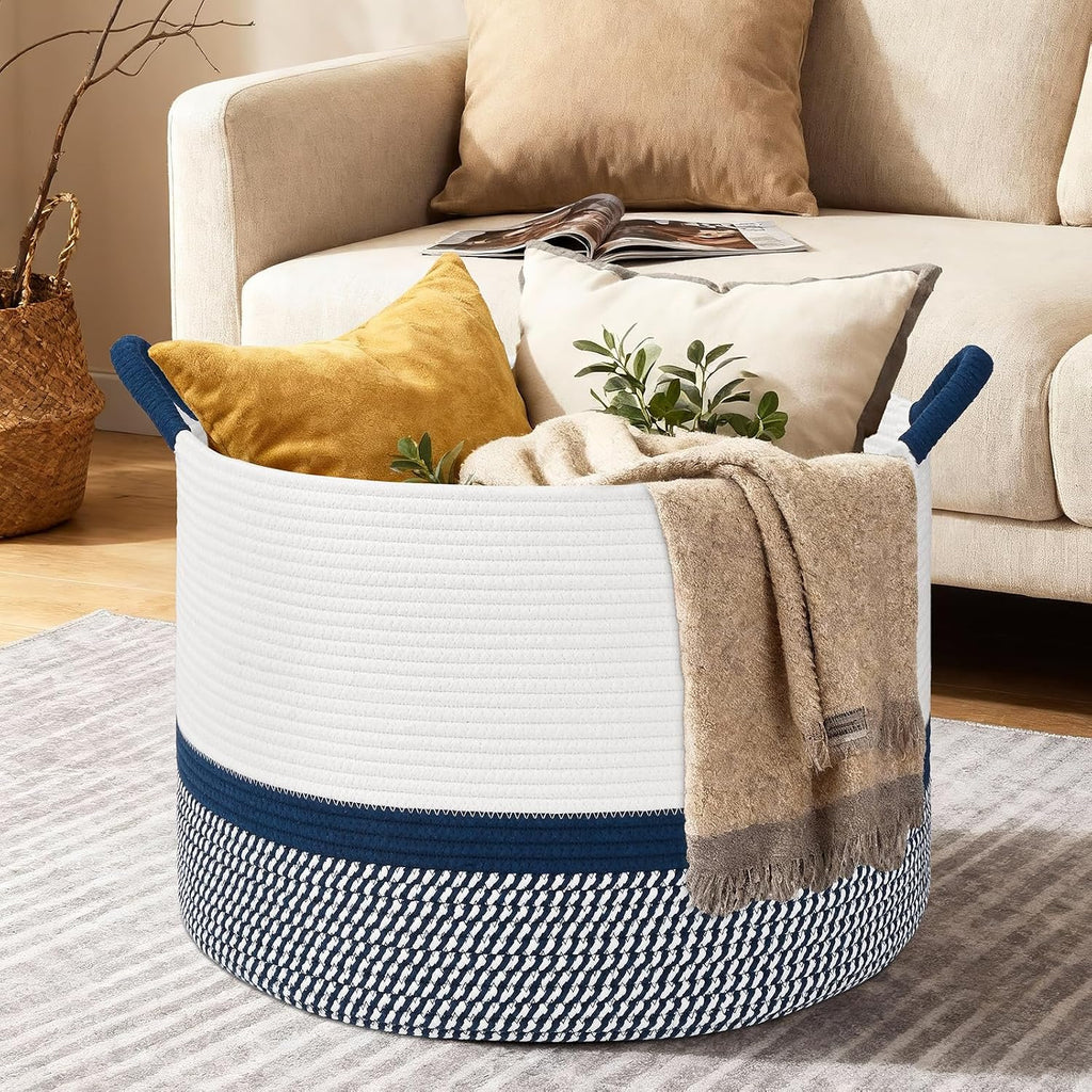 67L Large Blanket Basket, 20"x13" Blanket Basket Living Room, Woven Baskets With Handle, Toy Baskets for Blankets, Nursery, Dog, Pillow, Gift (White & Navy Blue)