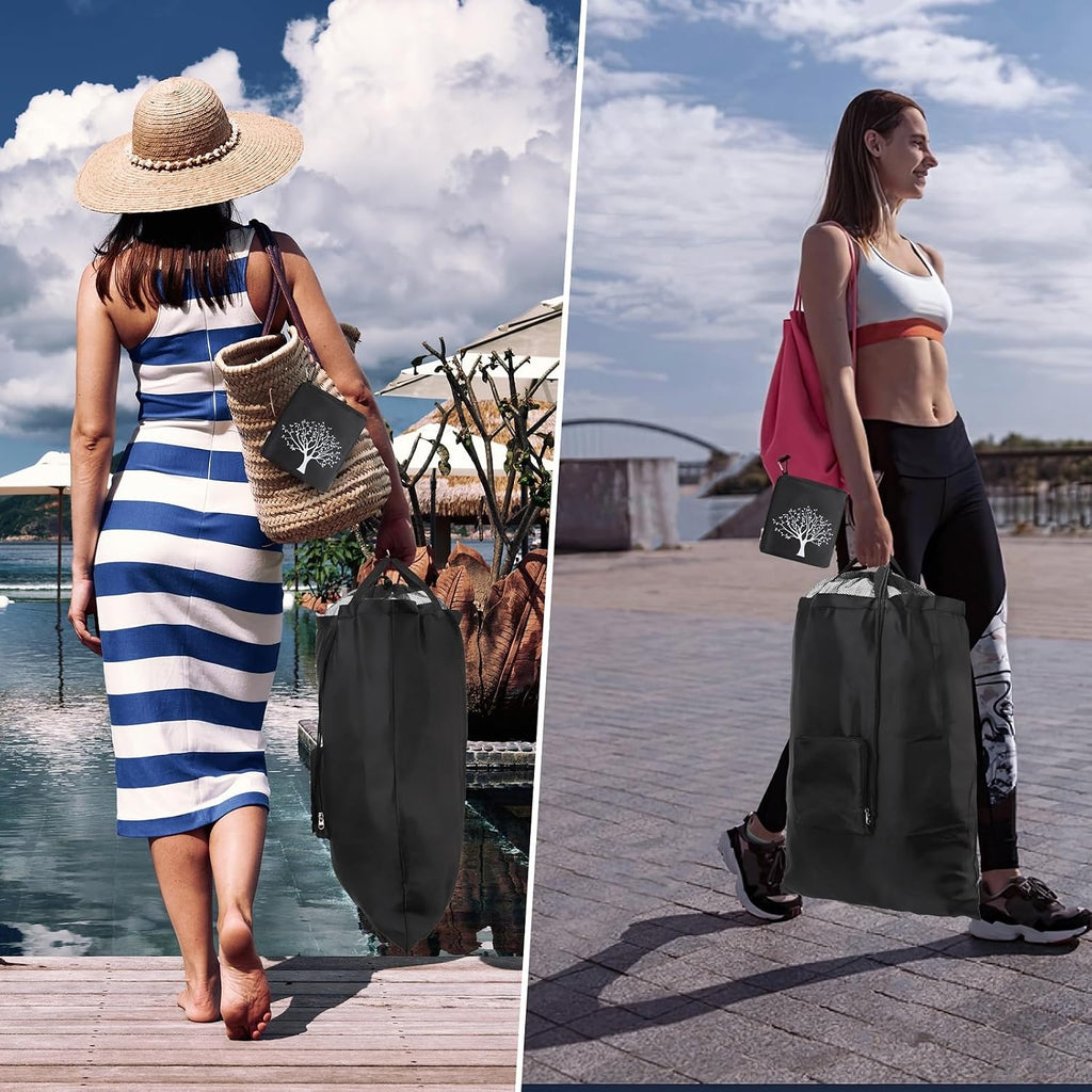 2 Packs Travel Laundry Bags, CLEADUS Foldable Dirty Clothes Bag 【Upgraded】 with Drawstring Mesh, Handles, and Carabiner, Portable, Suitable for Travel, Gym, Camping (Black)