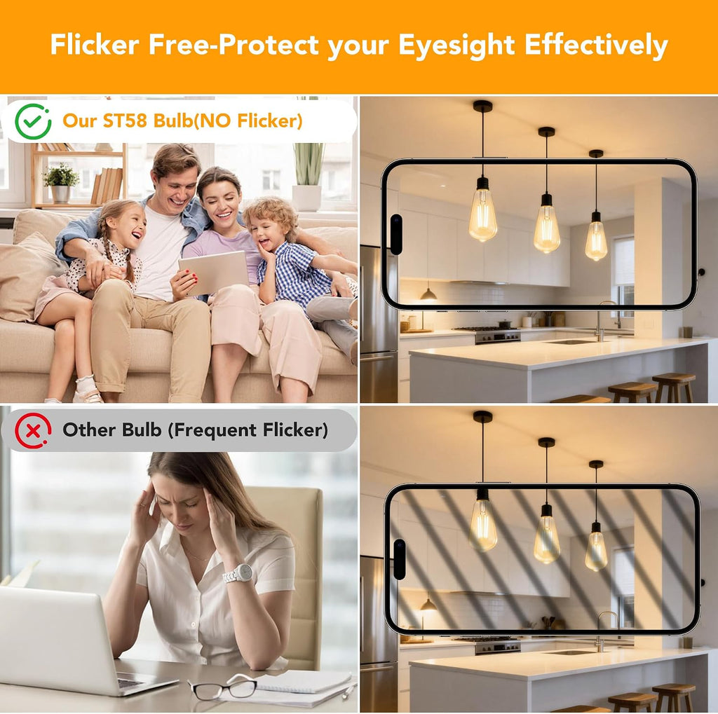 PARTPHONER ST58 E26 LED Light Bulbs, 6W Dimmable Amber Warm 2200K 4 Pack