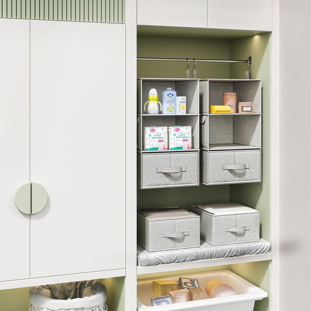 2 Pack 3-Shelf Hanging Closet Organizer with 2 Drawers, Silver Gray