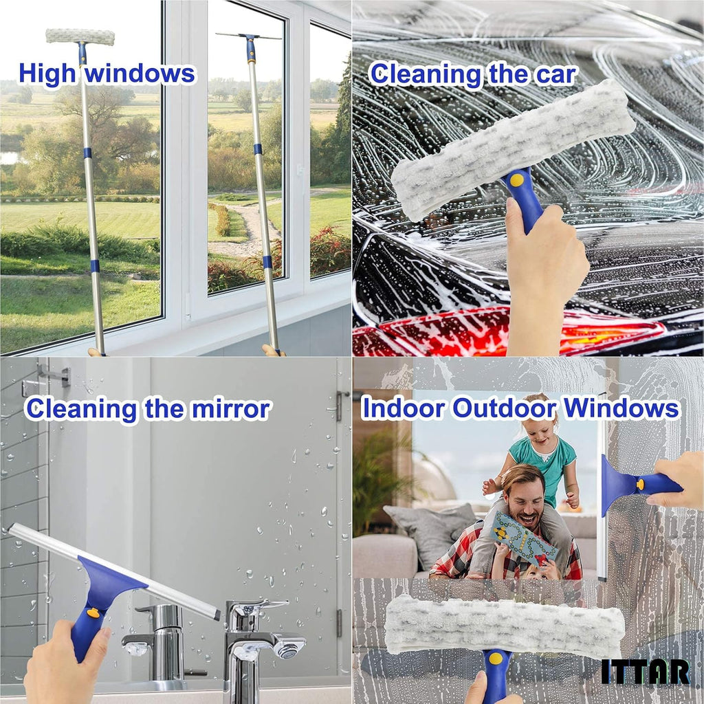ITTAR Window Squeegee with 2 Sets Separate Pole, 12" Rubber Squeegee and 11" Microfiber Pads, 60"-73.6" Telescopic Window Cleaning Kit with Rotating Head for High Windows, Shower Glass, Car Windshield