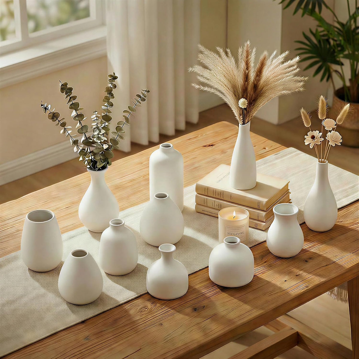 White Bud Vases, Small Ceramic Vase Set of 11, Mini Pottery Vases for Flowers, Minimalist Boho Small Pampas Grass Flower Vase for Farmhouse Home Decor, Wedding Centerpiece, Shelf and Table Decoration