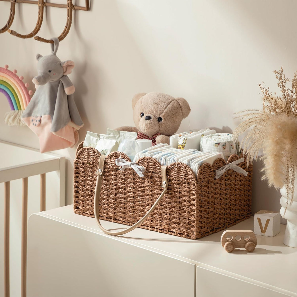 HBlife Baby Diaper Caddy, Paper Rope Storage Baskets Nursery Bin with Removable Divider, Portable Car Organizer for Diapers, Baby Shower Gifts, Newborn Essentials Must Haves