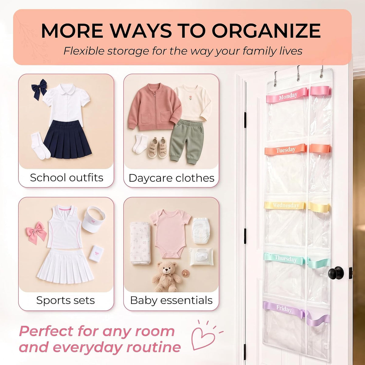 Over the Door Weekly Clothes Organizer for Kids, Days of the Week (Rainbow)