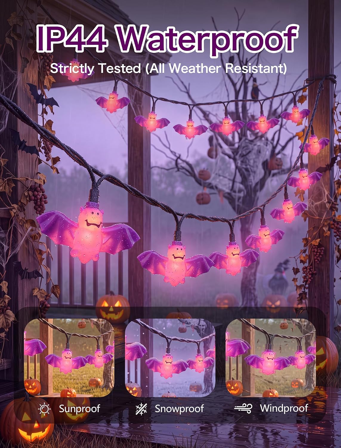 8.5FT Halloween Bat String Lights, Plug in 10 LED Purple Bat Decor Lights
