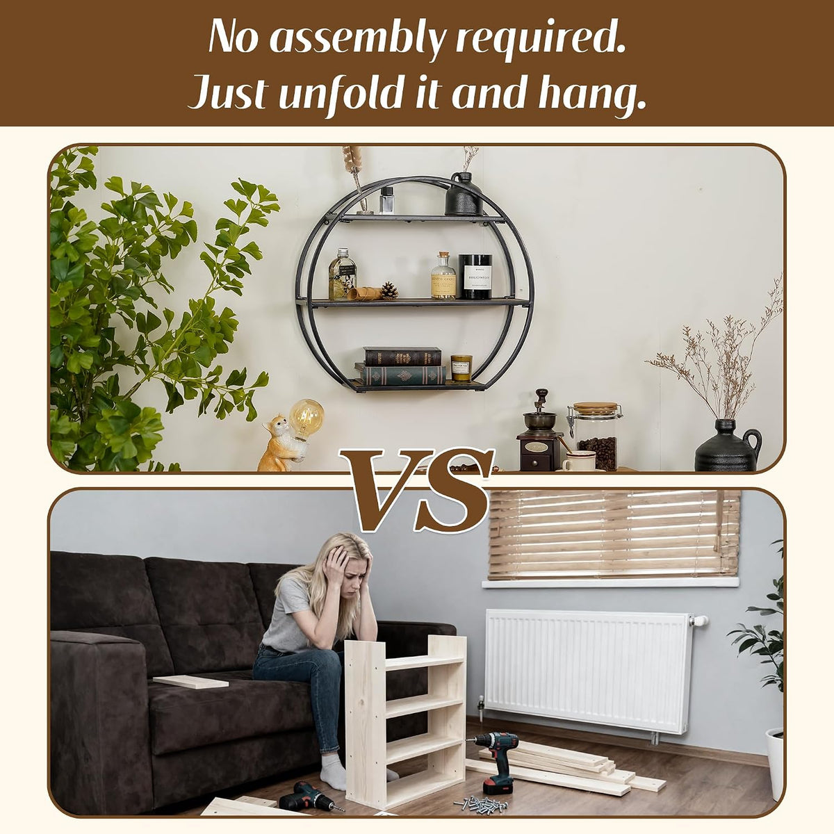 3 Tier Industrial Style Foldable Semi-Circle Shaped Wall Shelves