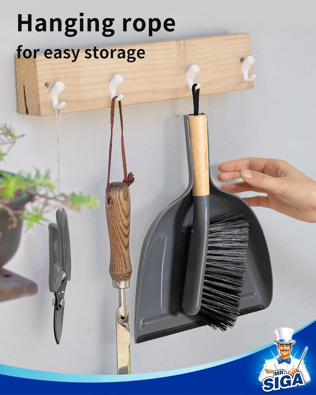MR.SIGA Dustpan and Brush Set, Bamboo Handle, Gray, 1 Set
