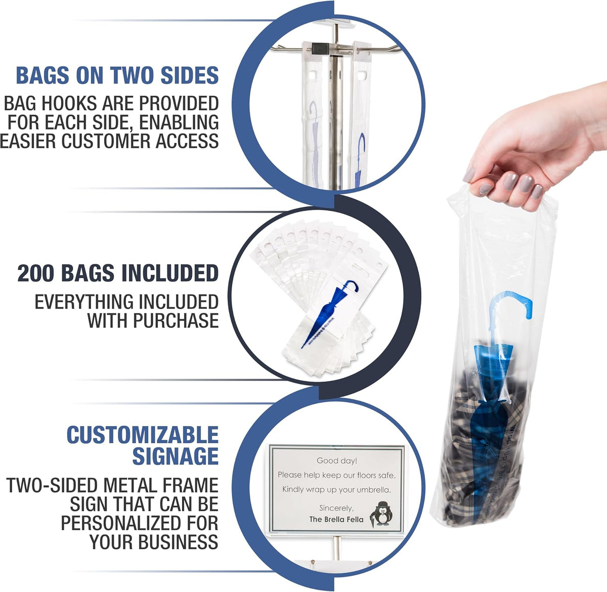 Umbrella Bag Wrapper Station with Sign Frame - Wrap Umbrellas for Rain - Be Safe, Wrap it up! - 200 Long Bags Included
