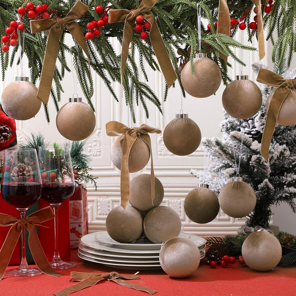 Wettarn 30 Sets Velvet Christmas Ornaments Balls & Bows, Khaki