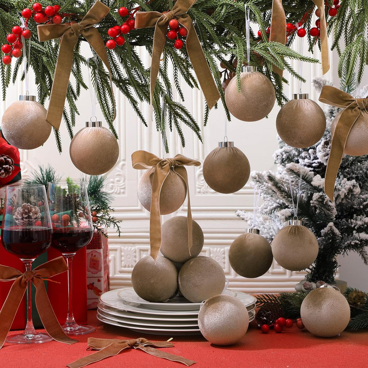 Wettarn 30 Sets Velvet Christmas Ornaments Balls & Bows, Khaki