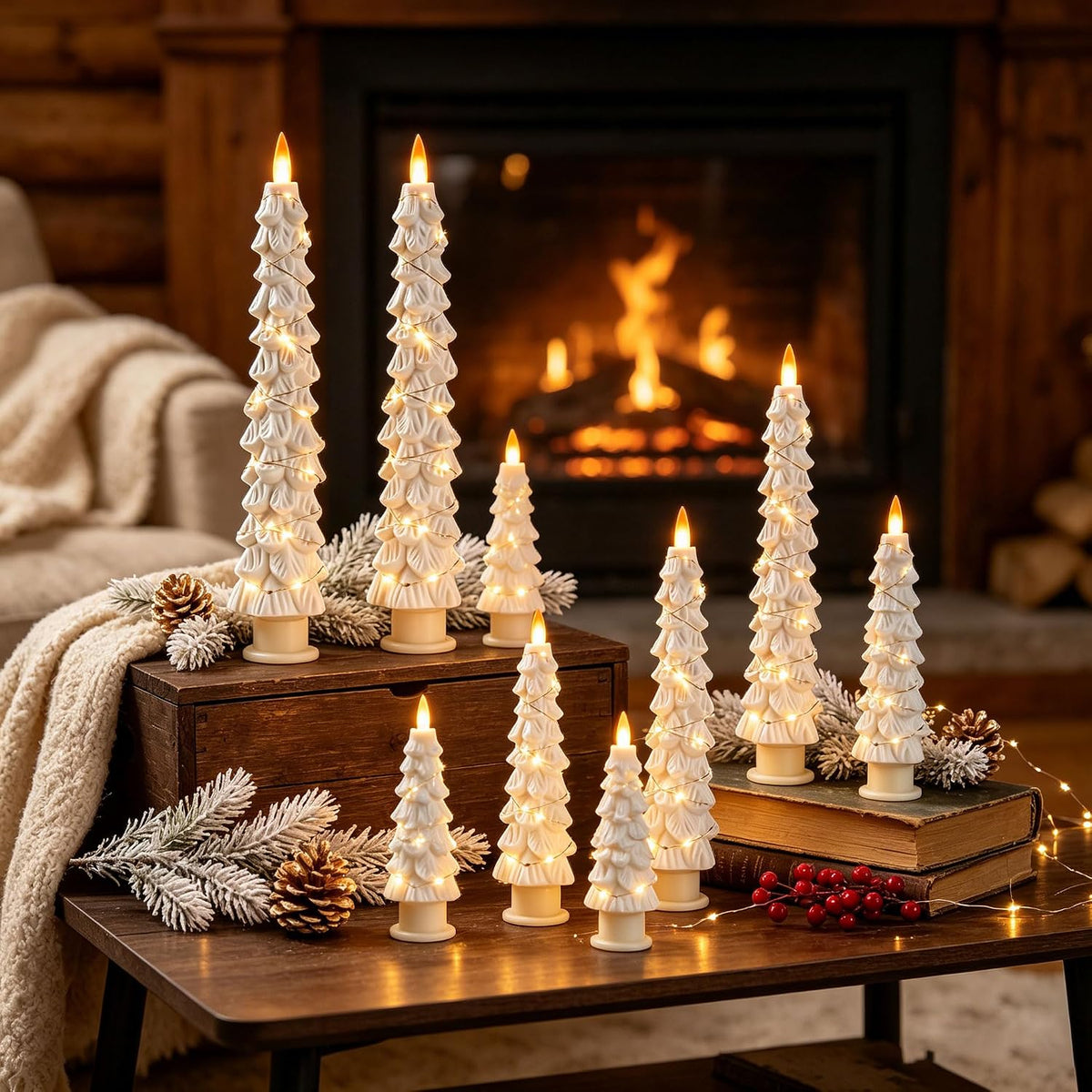 2 Pack White Christmas Tree LED Taper Candles, Flameless Flickering Candles with Copper String Lights, Upgraded Realistic Flame Effect, Battery Operated with Remote for Christmas Home Decoration