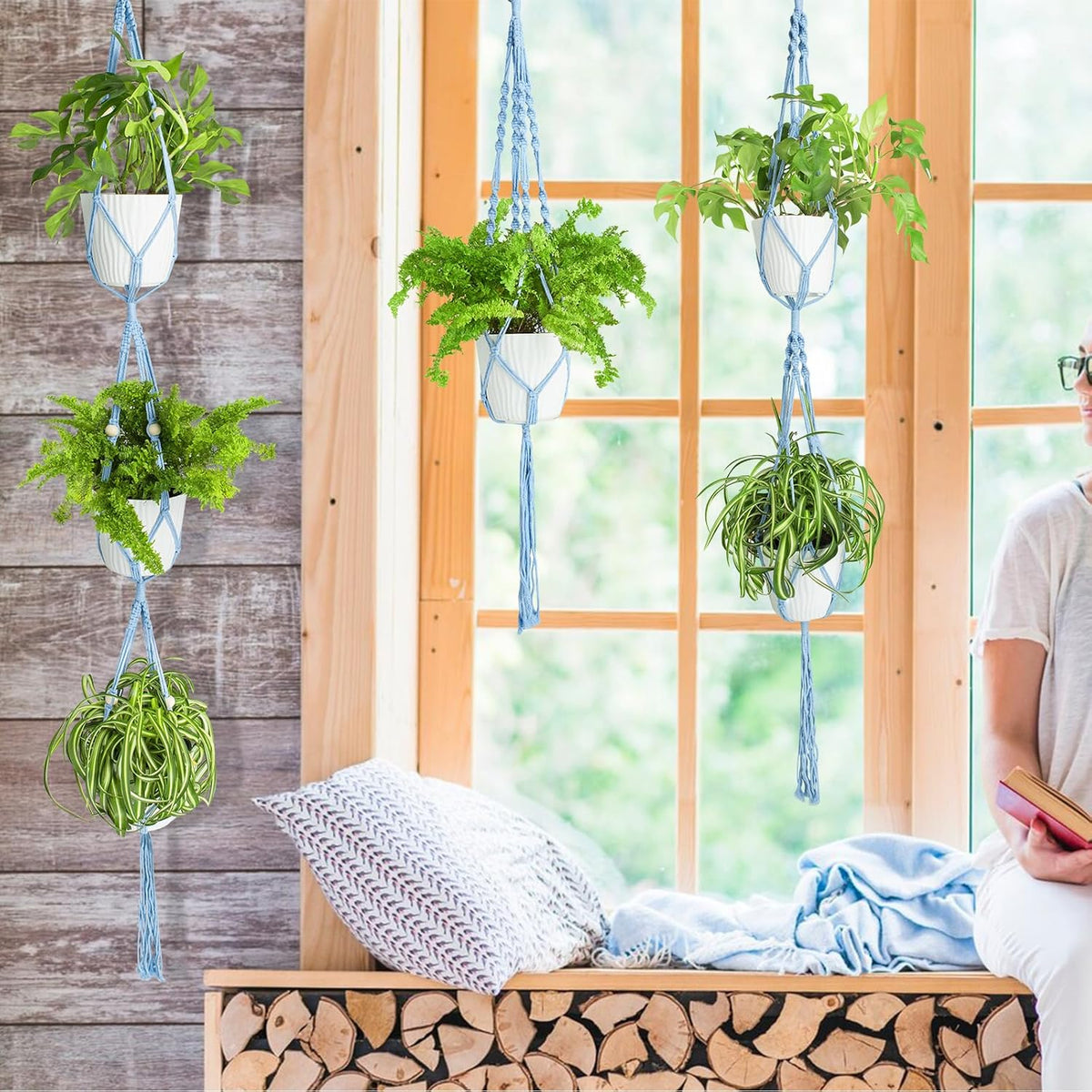 XXXFLOWER 3 Packs Blue Macrame Plant Hanger Bathroom Wall Decor Indoor Set