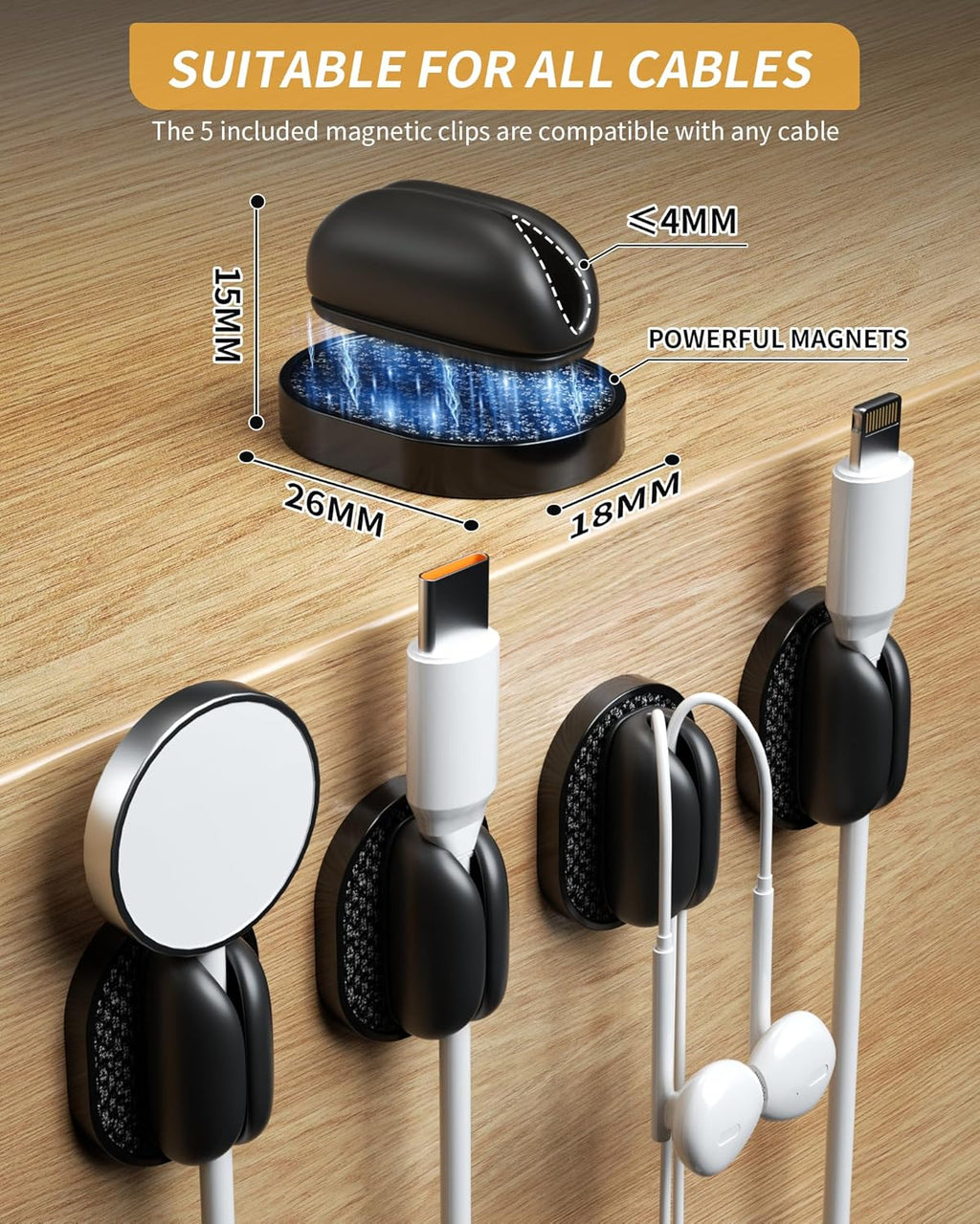 6 Pack Puretor Cord Organizer Holders - Strong Adhesive & Magnetic Desk Cable Management, Effortlessly Organize Phone Charging Cords for Home, Office, Car, Desk & Nightstand