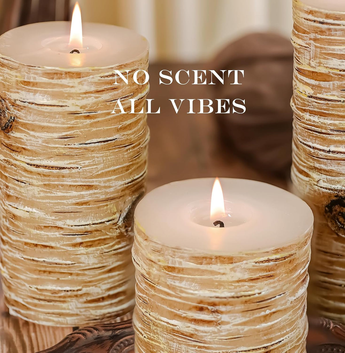 Birch Bark Pillar Candle Set of 3, Real Wax Fireplace Decor Candles