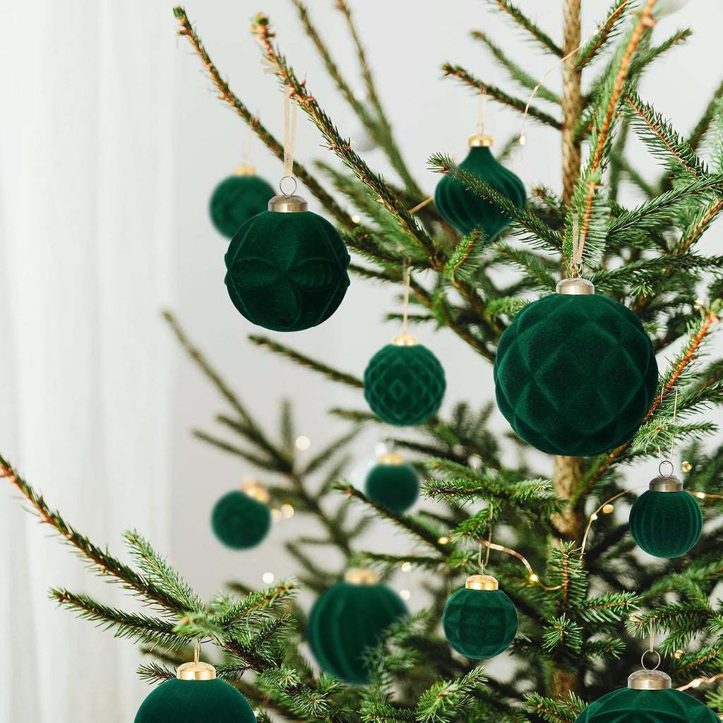 46PCS Velvet Christmas Ball Ornaments Set, Flocked Shatterproof Xmas Tree Decor, Assorted Hanging Ornaments with Loop for Holiday Home Decor, Christmas Tree, Mantel, Party Decoration (Dark Green)