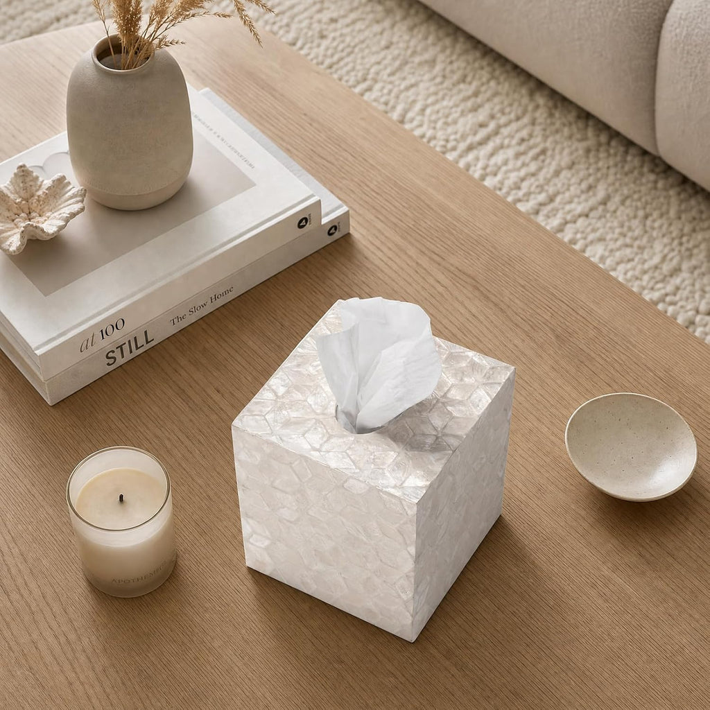 YANGQIHOME Capiz Shells Tissue Box Cover, Handmade Decorative Tissue Box Holder with Mother of Pearl, Square Facial Tissue Holder for Bathroom, Living Room, Kitchen, 5.5" x 5.5" x 5.9" (White)
