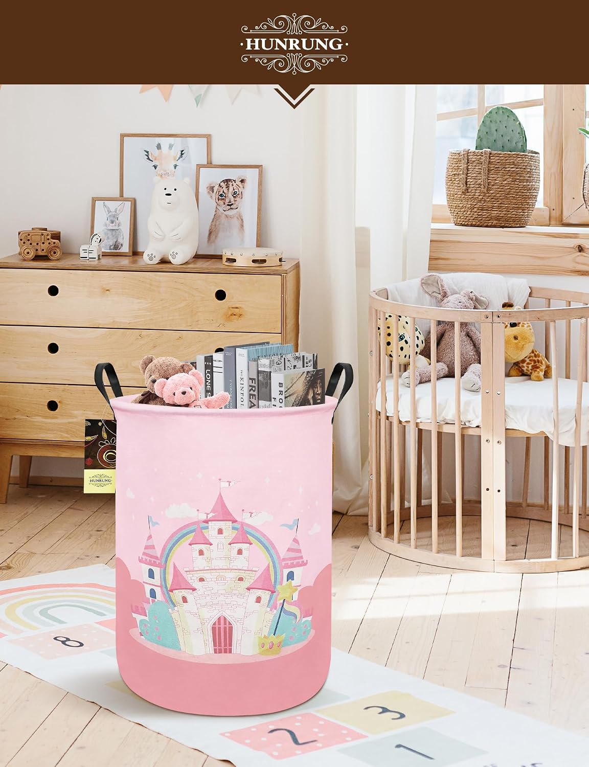 Round Fabric Collapsible Storage Basket with Handles, Pink Castle