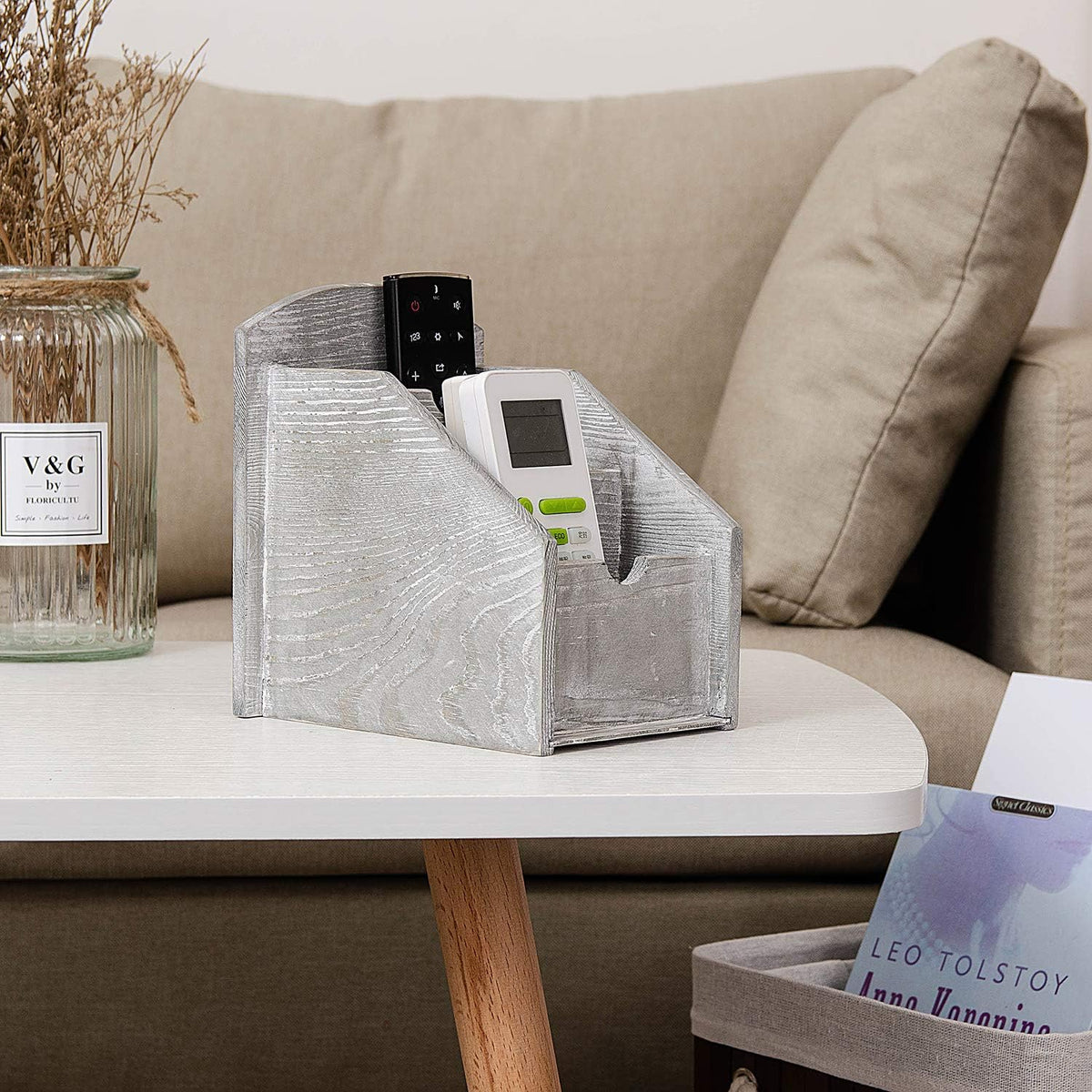 3 Slot Rustic Wooden Remote Control Frame Media Organizer, Office Supply Storage Rack,Pen storage box (Grey)