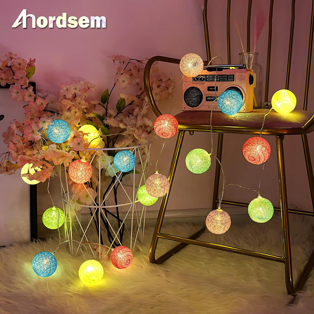 Anordsem Battery String Light Indoor: 6.88Ft/10 LED Cotton Ball Lanterns 2 Pack - Fairy Macaron Color Lighting Hanging Deco for Bedroom Party - Birthday Gifts for Babies Adults 25-50