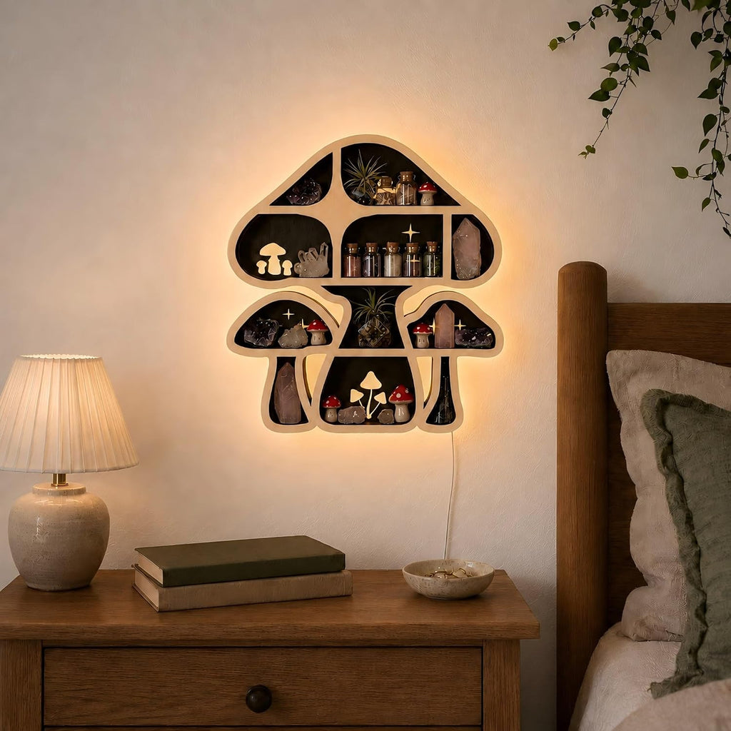 Mushroom Decor Floating Shelves with Lights, Crystal Display Shelf for Wall