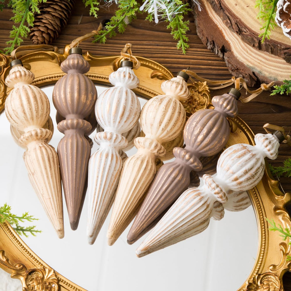 Vintage Finial Christmas Ornaments, 6Pcs Neutral Shatterproof Xmas Tree Ornaments(Modern Color)