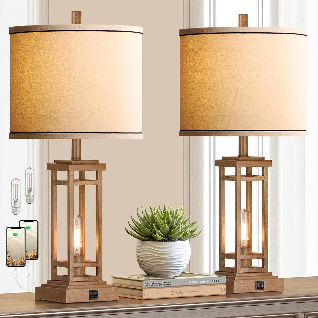 ROTTOGOON 27.5 Tall Farmhouse Table Lamps with USB C + USB A Charge Ports, Rustic Living Room Lamps Set of 2, Black Industrial End Table Lamp for Bedroom Living Room Nightstand (Wood)