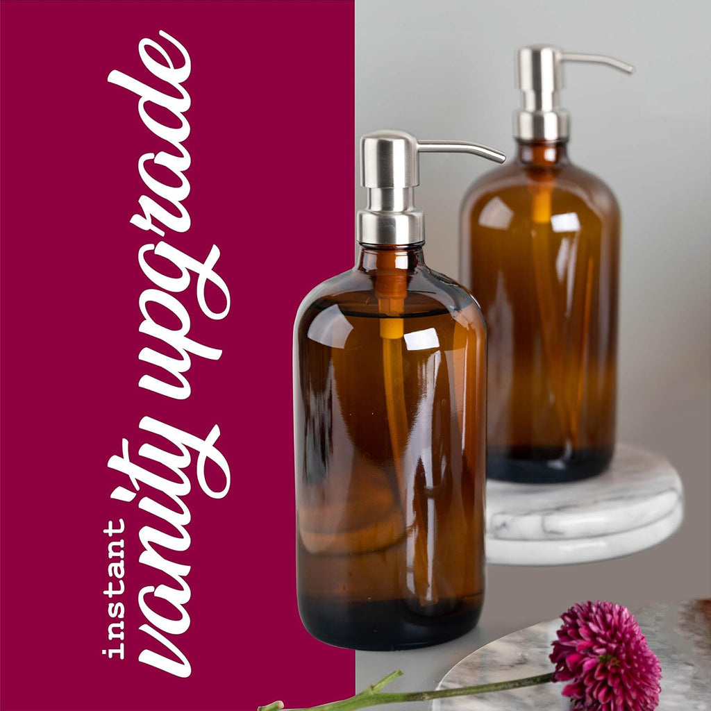 Kitchentoolz Large Pump Bottle - 32 Ounce Shampoo and Soap Dispenser - Amber