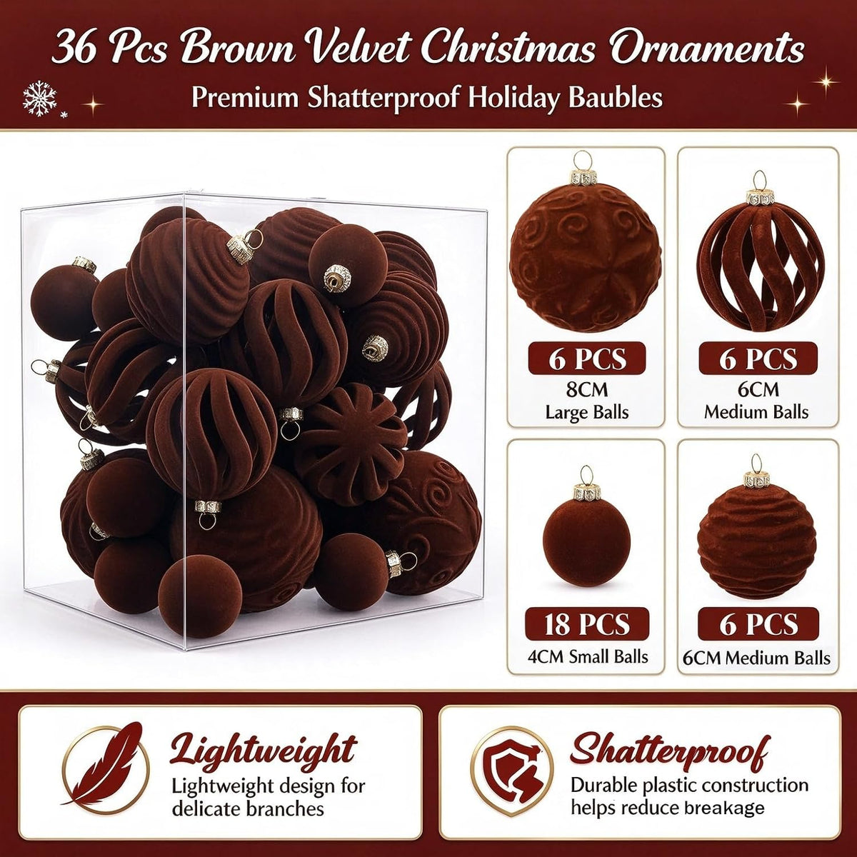 36Pcs Velvet Shatterproof Christmas ball Ornaments Set(brown)