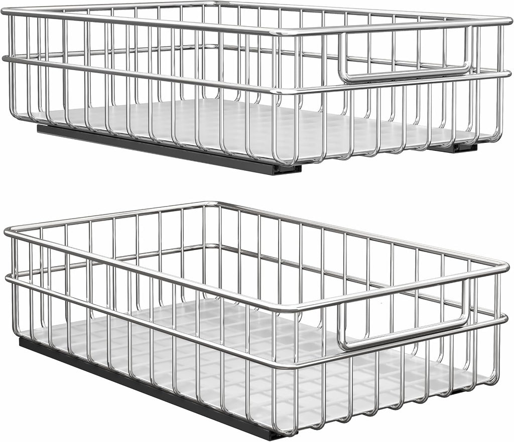 Pull out Cabinet Organizer, Stainless Steel 2-Pack Slide out Drawer with Silent Full-Extension Slides, Adhesive Roll out Can Spice Storage Basket Shelf Rack for Pantry, Kitchen, Bathroom, Home Closet