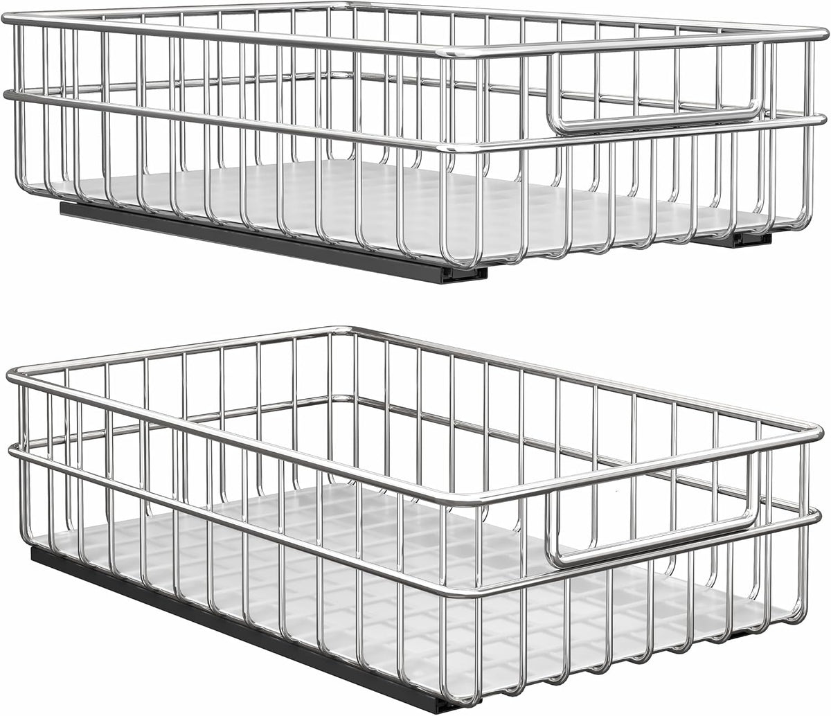 Pull out Cabinet Organizer, Stainless Steel 2-Pack Slide out Drawer with Silent Full-Extension Slides, Adhesive Roll out Can Spice Storage Basket Shelf Rack for Pantry, Kitchen, Bathroom, Home Closet